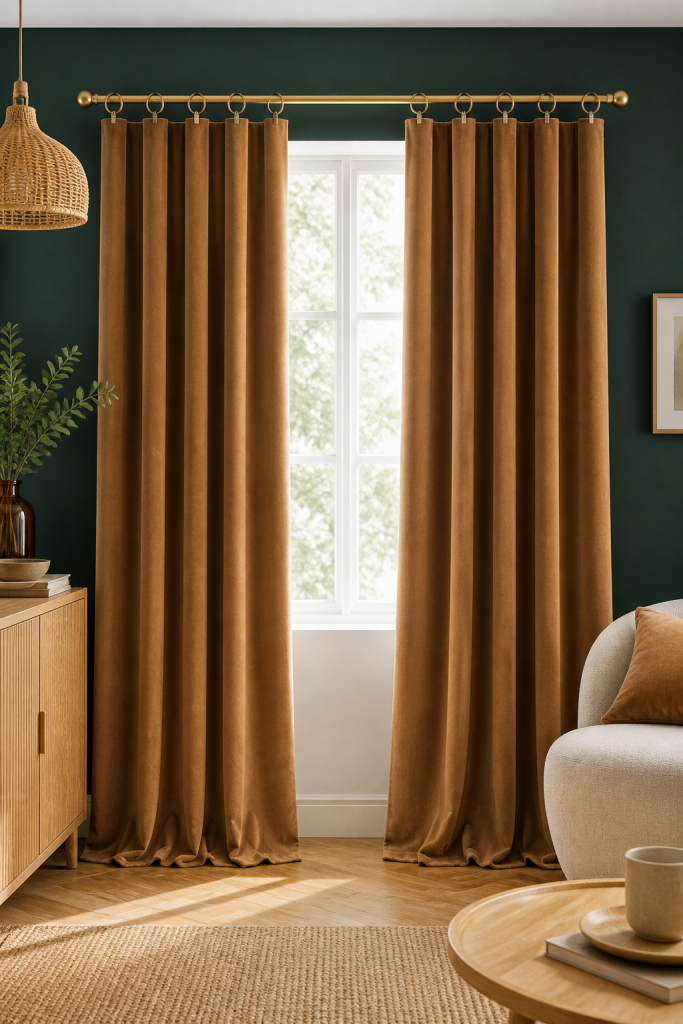 Lot de 2 rideaux velours camel 140 x 270 cm ajustables – Anneaux pince – Coton épais – CÉSAR