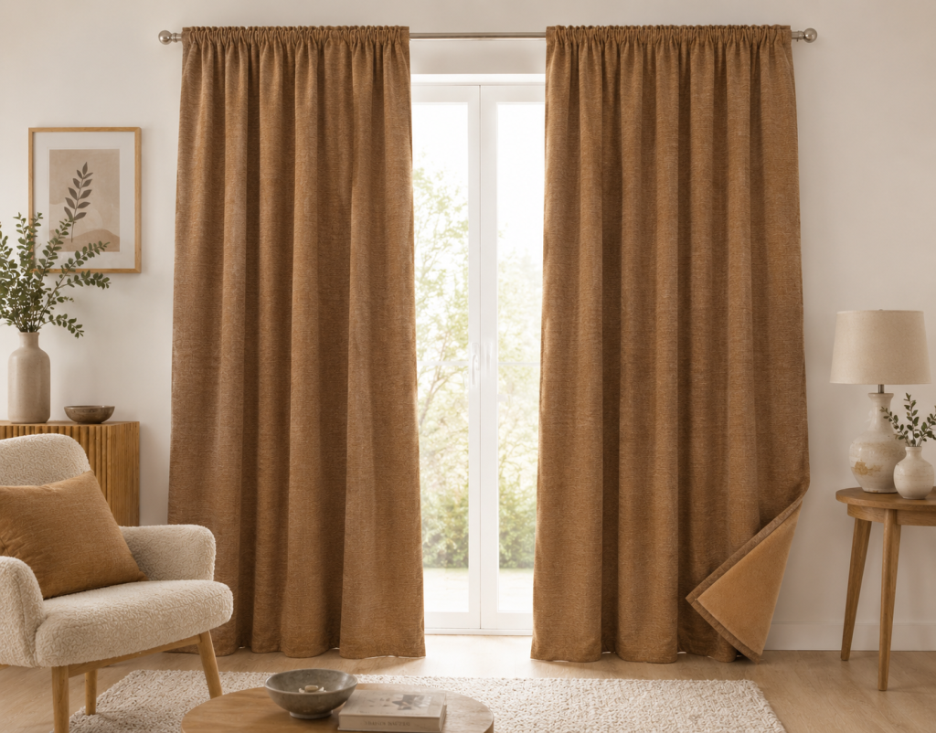 Lot de 2 Rideaux Blackout Camel 140 x 260 cm – Occultant Polaire – Galon Fronceur