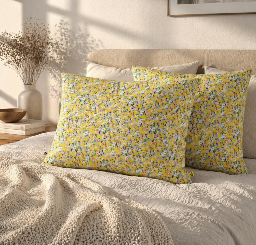 Taie d’Oreiller 60 x 60 cm – Gaze de Coton Imprimée – MANON Jaune Multicolore