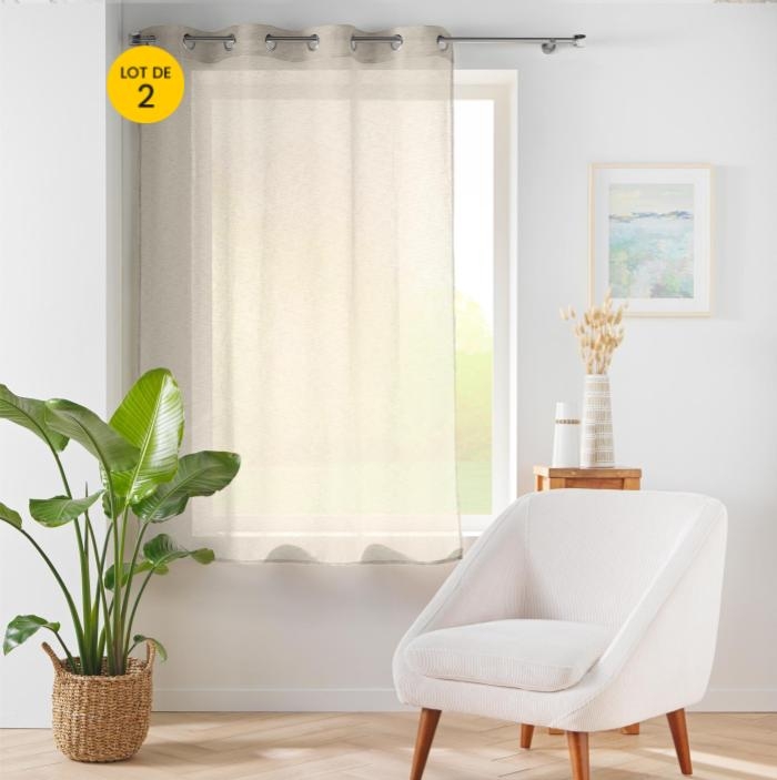 Lot de 2 voilages petite hauteur à œillets 140 x 180 cm – Voile tissé Éole Beige –