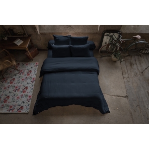 Pack linge de lit en gaze de coton – 220x240 cm + 140x190 cm + 2 taies 60x60 – Bleu foncé