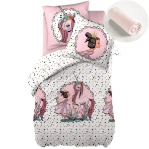 Pack housse de couette 140x200 cm Pégase + drap housse 90x190 Rose