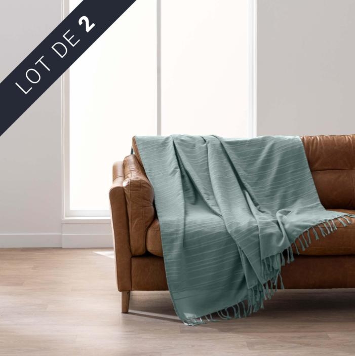 Lot de 2 plaids LILIA 180 x 220 cm – 100 % coton – Plaid à franges sauge