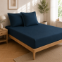Parure Drap Housse Hôtel 140 x 190 cm + 2 Taies 63 x 63 cm Percale 78 Fils Bleu Nuit