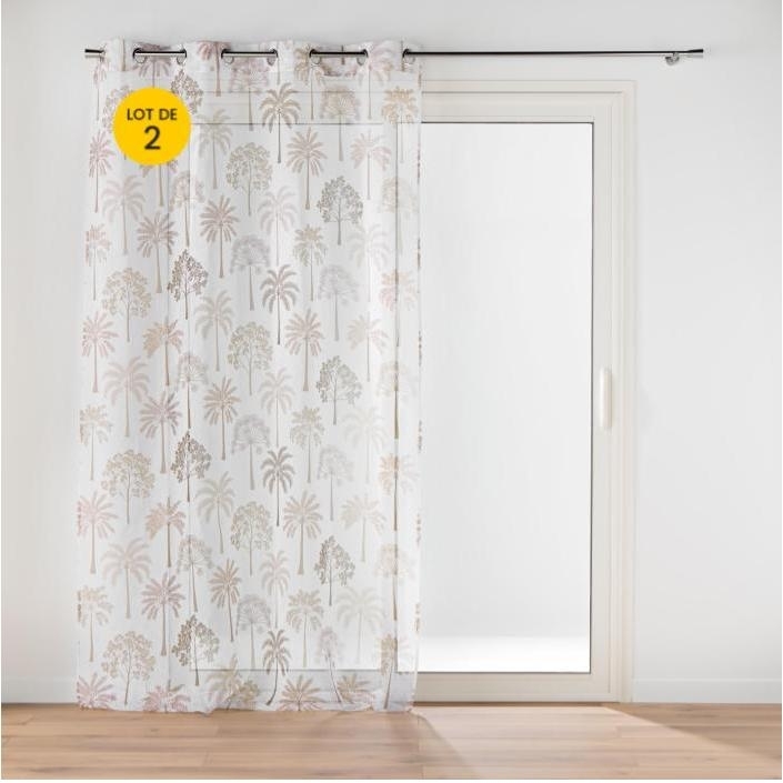 Lot de 2 Voilages à Œillets 140 x 240 cm - Voile Sablé Imprimé Palmea Naturel