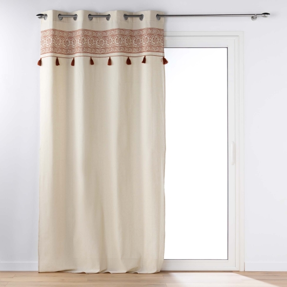 Rideau à œillets 140 x 240 cm – Polycoton uni ISALINA avec pompons Terracotta