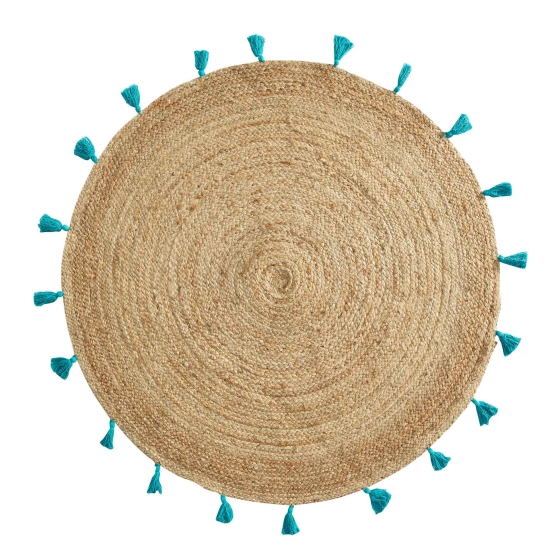 Tapis rond Ø120 cm – Jute naturel avec pompons turquoise – Modèle Shira