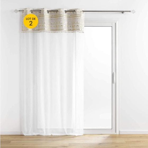 Lot de 2 Voilages a oeillets 140 x 240 cm voile sablé + pompon Sundore
