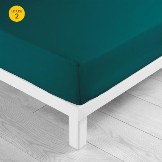 Lot de 2 Draps housse bonnet 30 cm 2 personnes 160 x 200 cm coton 57 fils Petrole