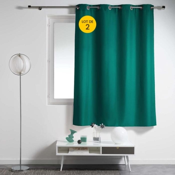 Lot de 2 Rideaux Spécial Petites Fenêtres à Œillets 140 x 180 cm – Uni Émeraude – Essentiel