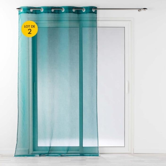 Lot de 2 Voilages à oeillets 140 x 240 cm liseré blanc Louise Pétrole