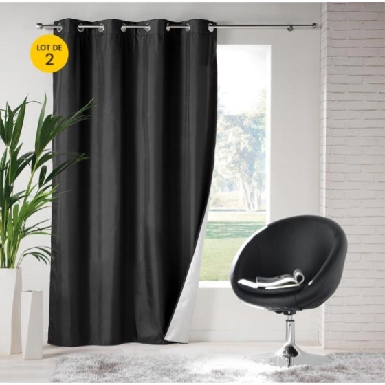Lot de 2 rideaux à œillets isolant thermique Icemount Noir 140 x 260 cm - dos en polyuréthane