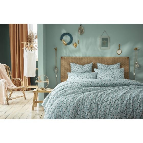 Housse de Couette 260 x 240 cm – Double Gaze de Coton Imprimée Marguerite Bleu