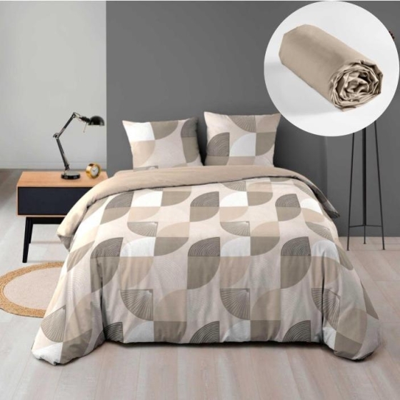 Pack Housse de couette 240 x 220 cm en Flanelle Ambroise + DH 140x190 Beige