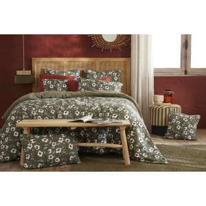 Housse de couette réversible 260 x 240 cm gaze de coton FLORA Romarin