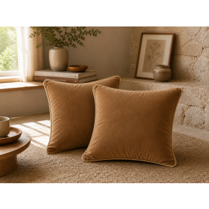 Lot de 2 Coussins Velours de Coton Camel 45 x 45 cm – Déhoussables avec zip – CÉSAR