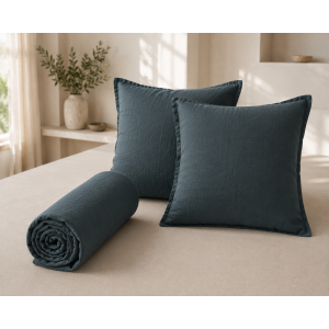 Parure Drap Housse 140 x 190 cm + 2 Taies 60x60 cm 100% Lin Français - Ardoise