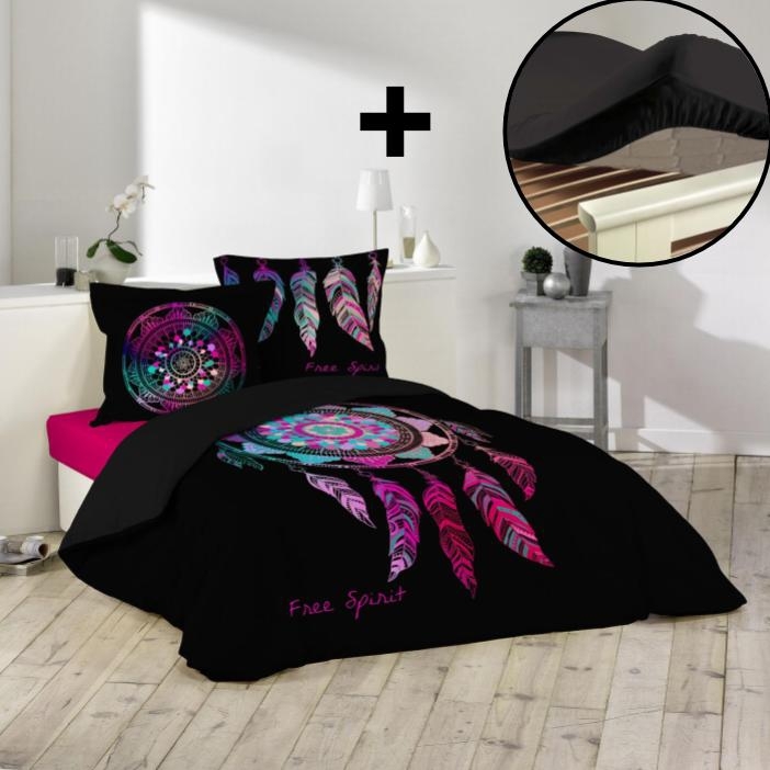 Pack Parure de couette 260x240 cm “Porte Bonheur” + Drap-housse 160x200 cm Noir