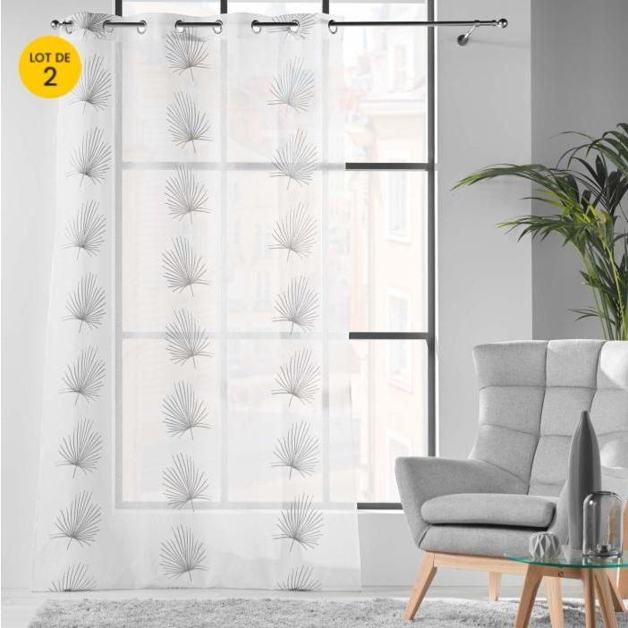 Lot de 2 Voilages a oeillets 140 x 240 cm voile sablé brodé Palmaris Gris