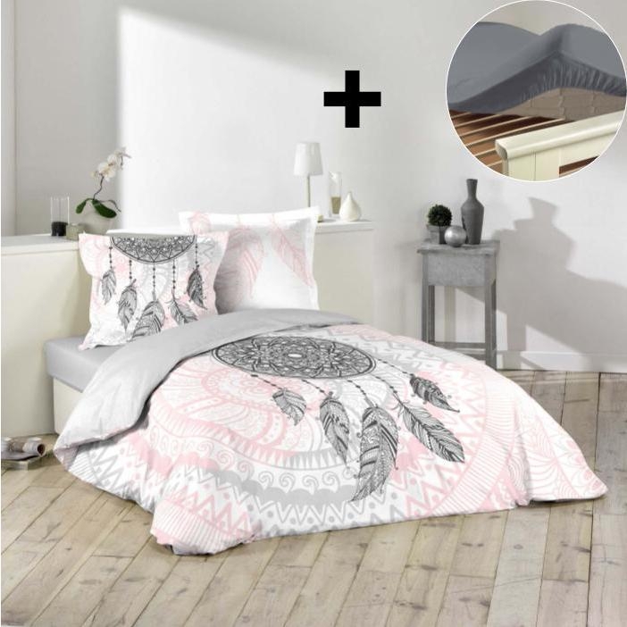 Pack parure de couette 220x240 cm Namaste + drap housse 140x190 Gris