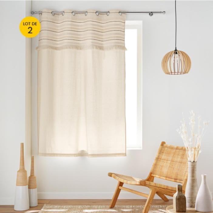 Lot de 2 Rideaux à Œillets Petite Hauteur 140 x 180 cm – 100 % Coton Uni + Top Tissé à Franges – Atlas Naturel