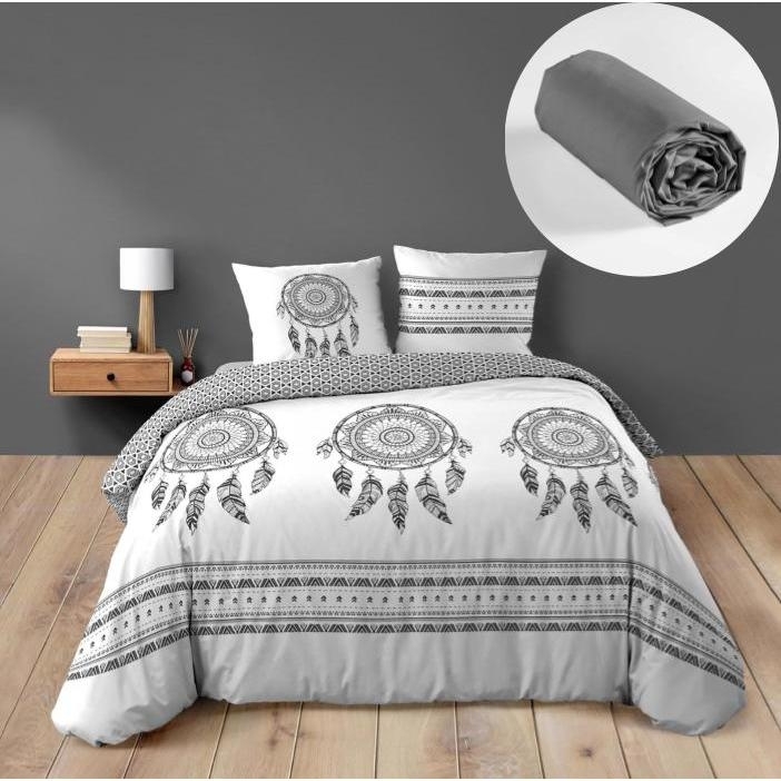 Pack housse de couette 240 x 220 cm "Indian Dream" + drap-housse 140 x 190 cm gris