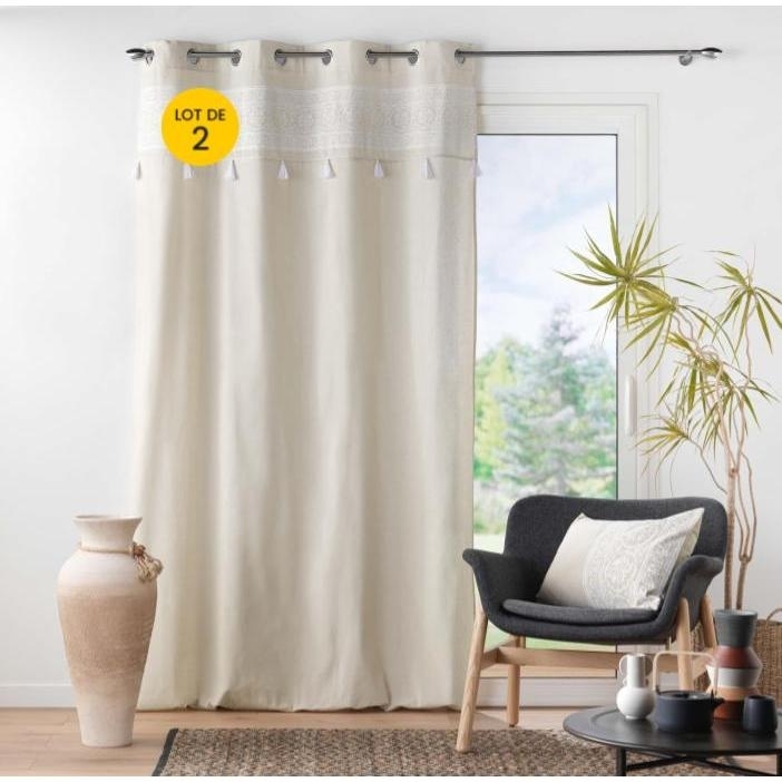 Lot de 2 Rideaux a oeillets 140 x 240 cm polycoton+ pompons Isalina Blanc
