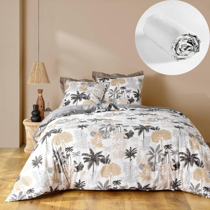 Parure de Lit Scarlett Gris 240 x 220 cm + Drap-Housse 140x190 cm Blanc