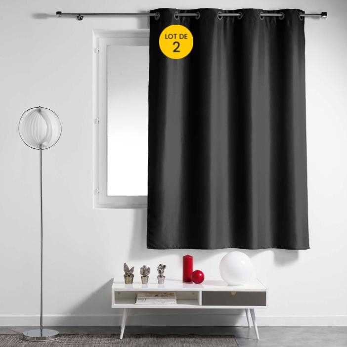 Lot de 2 Rideaux Spécial Petites Fenêtres à Œillets 140 x 180 cm – Uni Noir – Essentiel