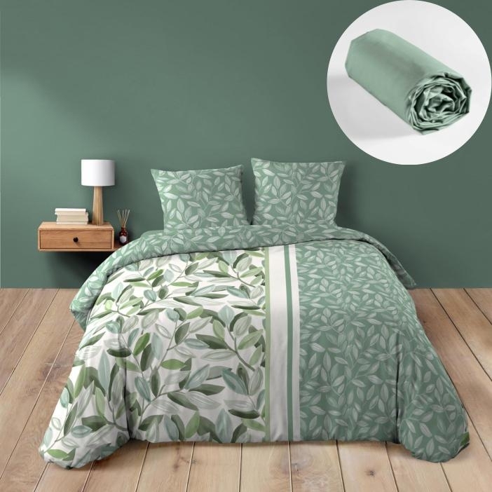 Parure de lit Eleonore - Housse de couette 240 x 220 cm + Drap-housse sauge 140x190 cm