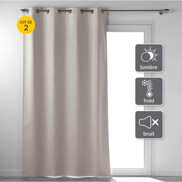 Lot de 2 Rideaux a oeillets 135 x 260 cm 100% occultant thermique uni occultissime Beige