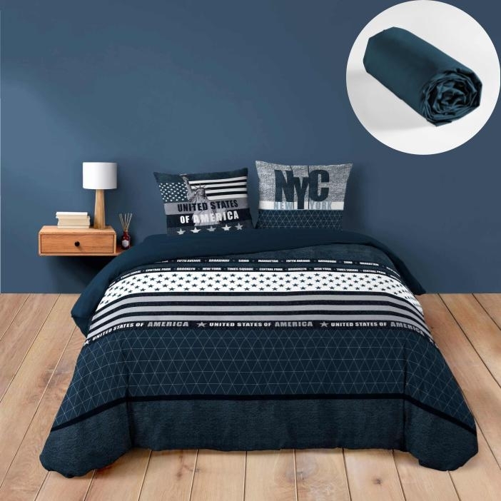 Ensemble de Lit States : Housse de Couette 200 x2 00 cm avec Drap-Housse Bleu 140X190 cm - Esprit USA