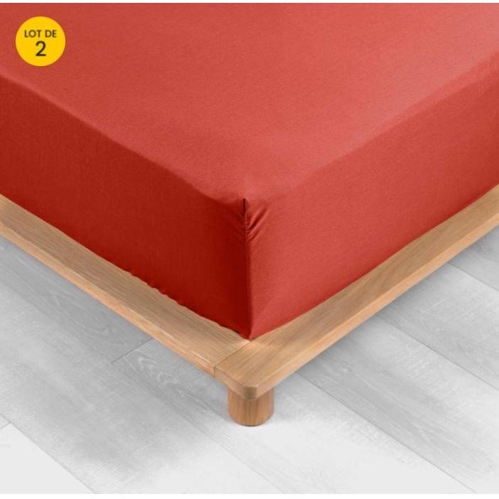 Lot de 2 Drap housse percale de coton 78fils ultra doux 160 x 200 cm Tomette