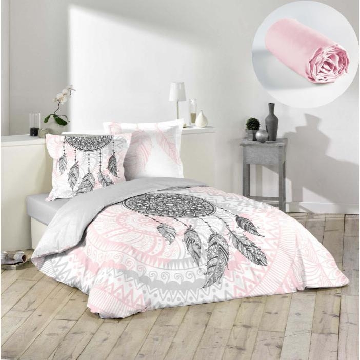 Ensemble housse de couette 220x240 cm Namaste + drap housse 140x190 Rose