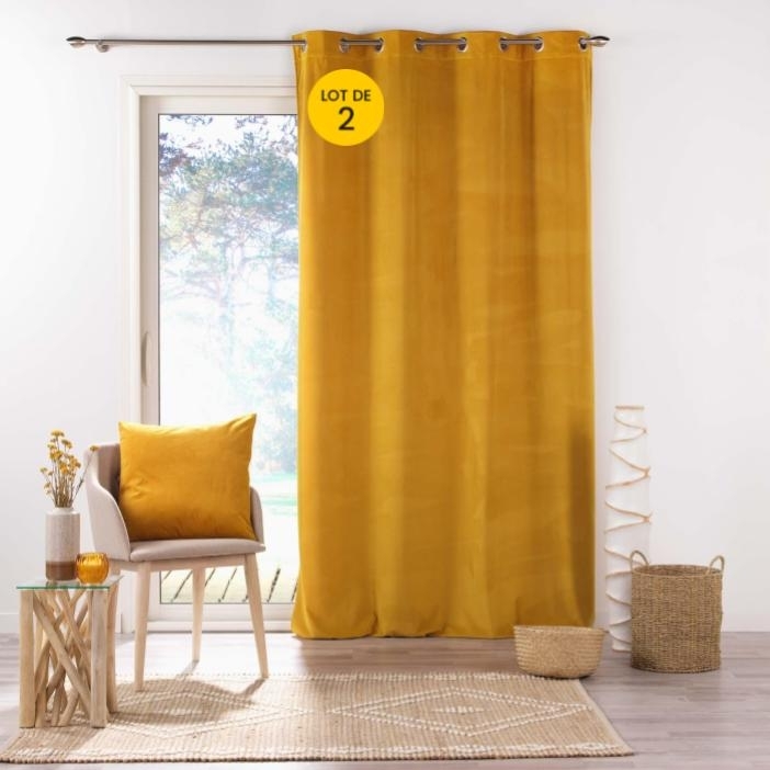 Lot de 2 Rideaux tamisants à œillets 140 x 260 cm – Velours relief Velouriane Ocre