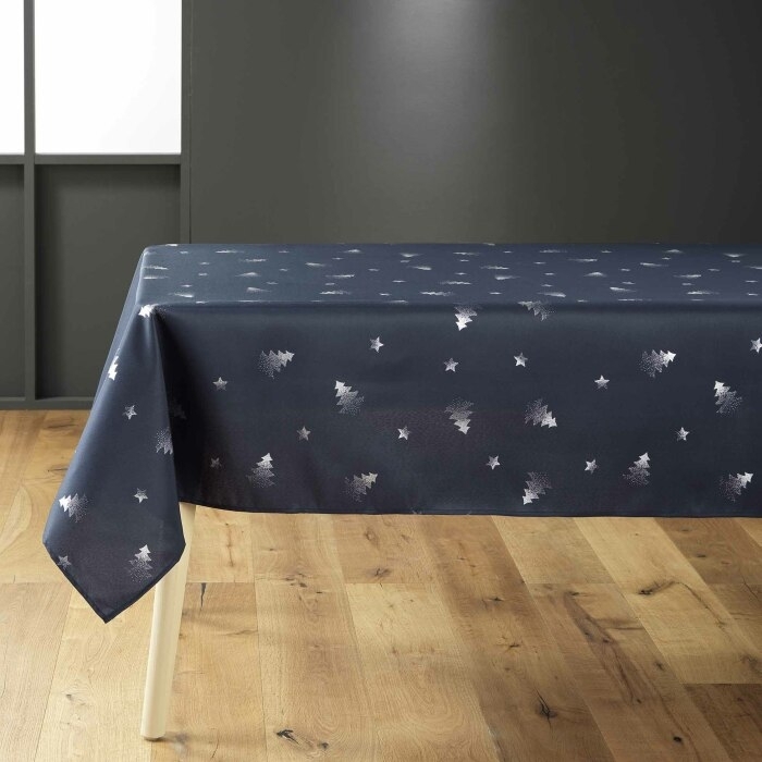 Nappe rectangle 150 x 240 cm polyester imprime metallise sapin Marine/argent