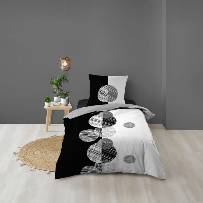 Housse de Couette 1 Personne 140 x 200 cm + 1 Taie – 100 % Coton 57 Fils – Stormi Noir & Blanc