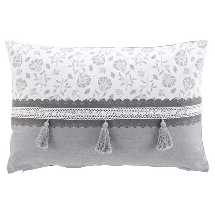 Coussin dehoussable pompon 40x60 cm coton/polyester imp.+dentelle Flavie
