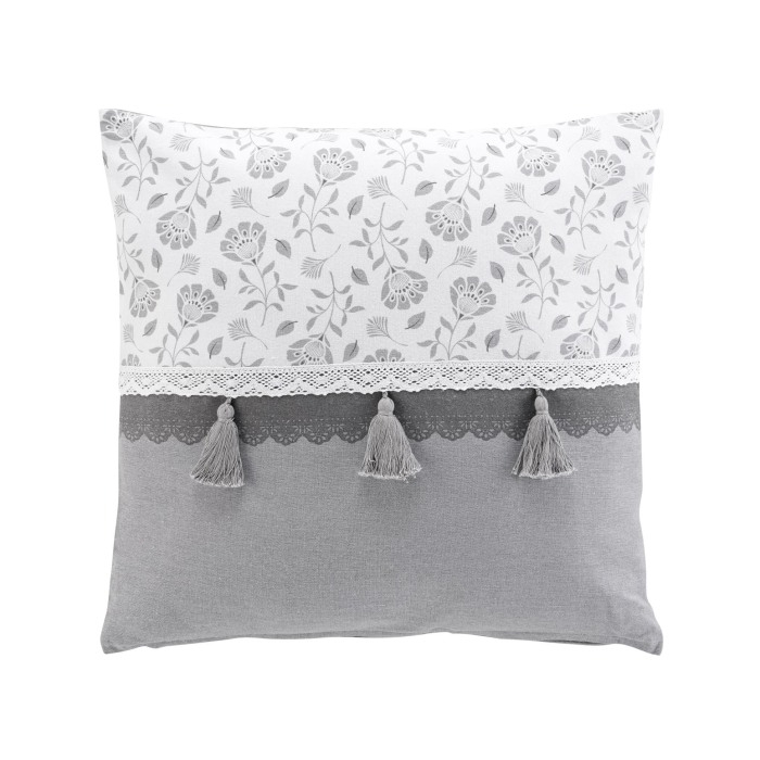 Coussin dehous. compr. pompon 50x50 cm coton/polyester imp.+dentelle Flavie