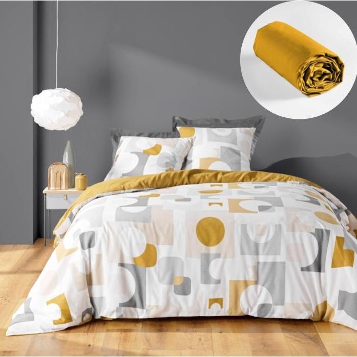 Parure de Lit Geomelo 240 x 220 cm + Drap-Housse 140x190 cm Jaune
