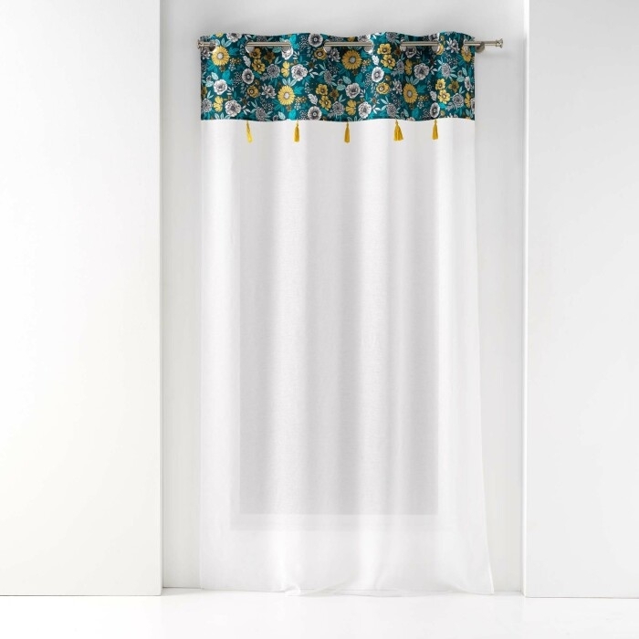 Panneau a oeillets 140 x 240 cm voile sable+top imprime+pompon bohoflora Bleu