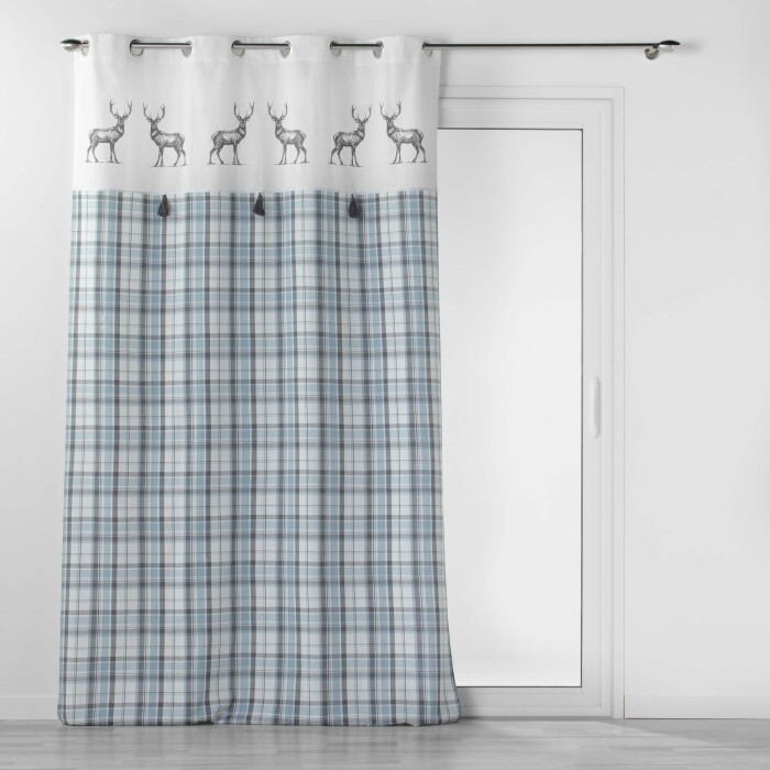 Titre : Rideau à œillets 140 x 240 cm coton tissé avec pompons – Megève Bleu