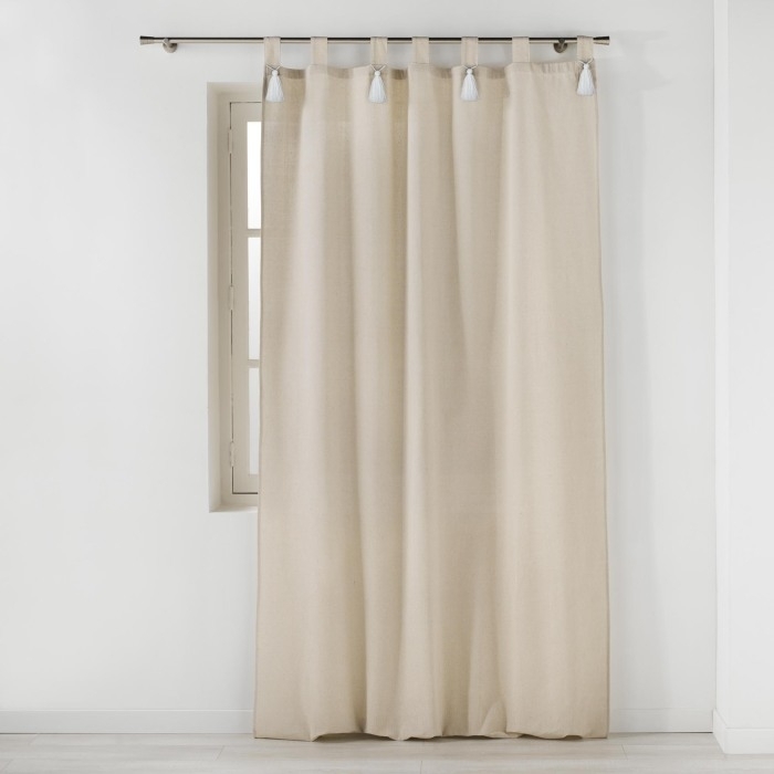 Rideau à Passants et Pompons Blancs 140 x 240 cm – Polycoton Uni – Cyrine Naturel
