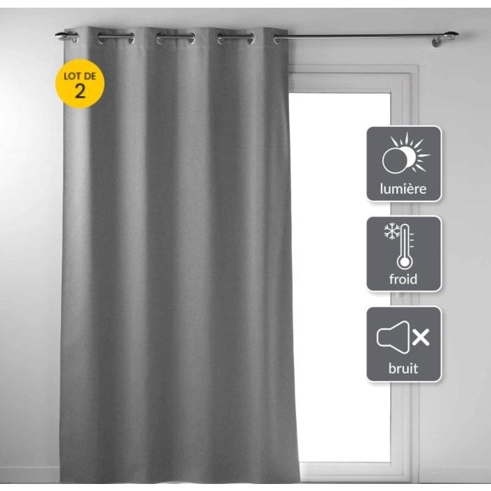 Lot de 2 Rideaux a oeillets 135 x 260 cm 100% occultant thermique uni occultissime Gris