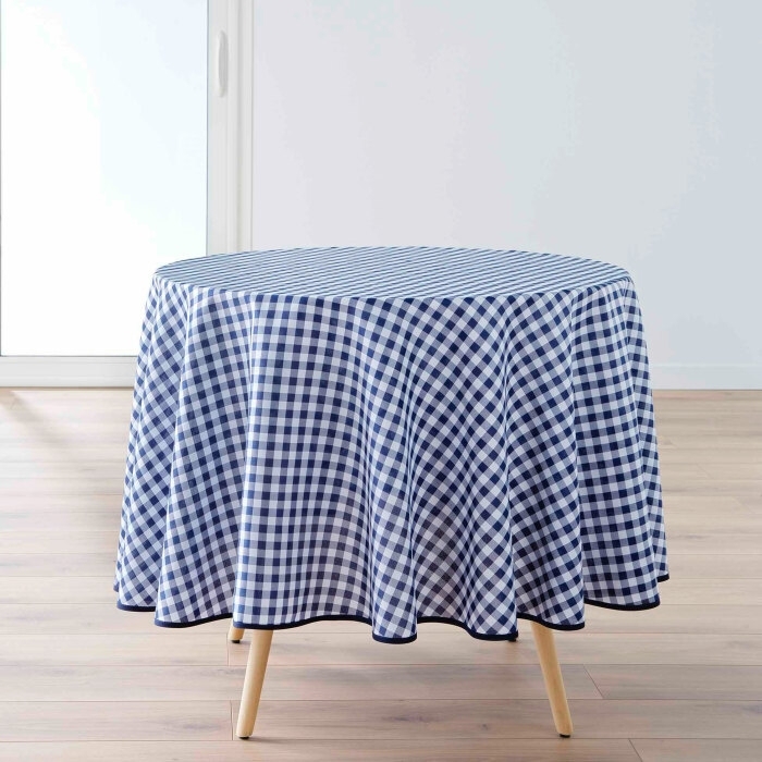 Nappe ronde (0) 180 cm polyester fils teints vichy Bleu