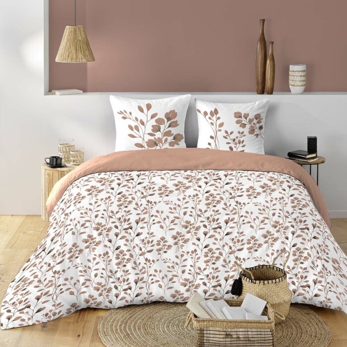Housse de couette 240 x 220 cm coton 57 fils MAIWEN Mocha + 2 taies – Motif végétal
