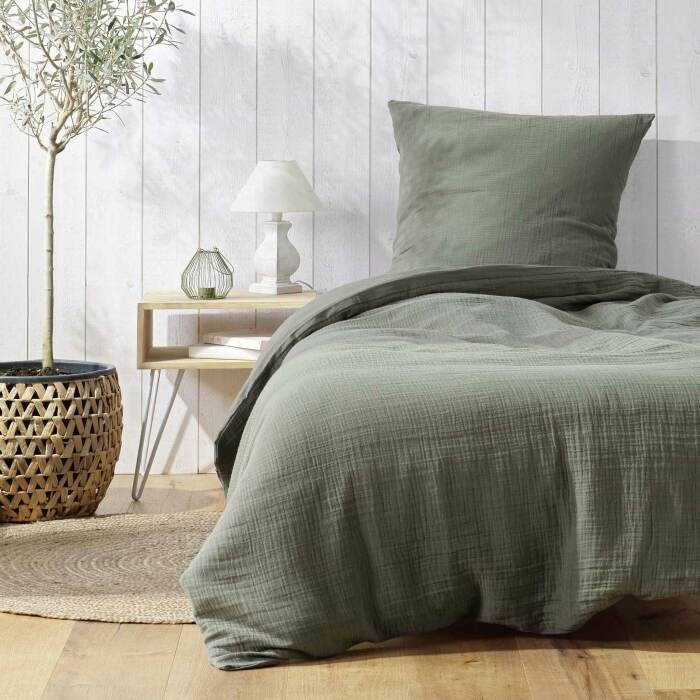 Parure de lit 140 x 200 cm double gaze coton uni 57 fils Angelia Kaki