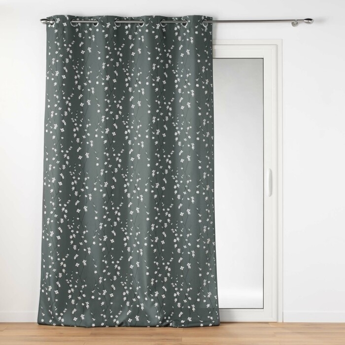 Rideau a oeillets 140 x 260 cm polyester imprime appliqué Sakura Anthracite