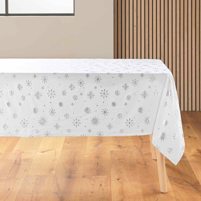 Nappe rectangle 140 x 240 cm microfibre imprimee metal. astrelia Blanc/argent