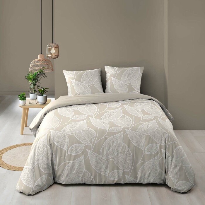 Housse de couette 260 x 240 cm coton 57 fils imprimé feuillage AMANDA Naturel + 2 taies